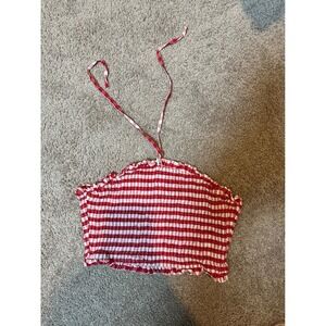 Cider Red White‎ Gingham Smocked Crop Top Tie Halter Sleeveless Summer Cute